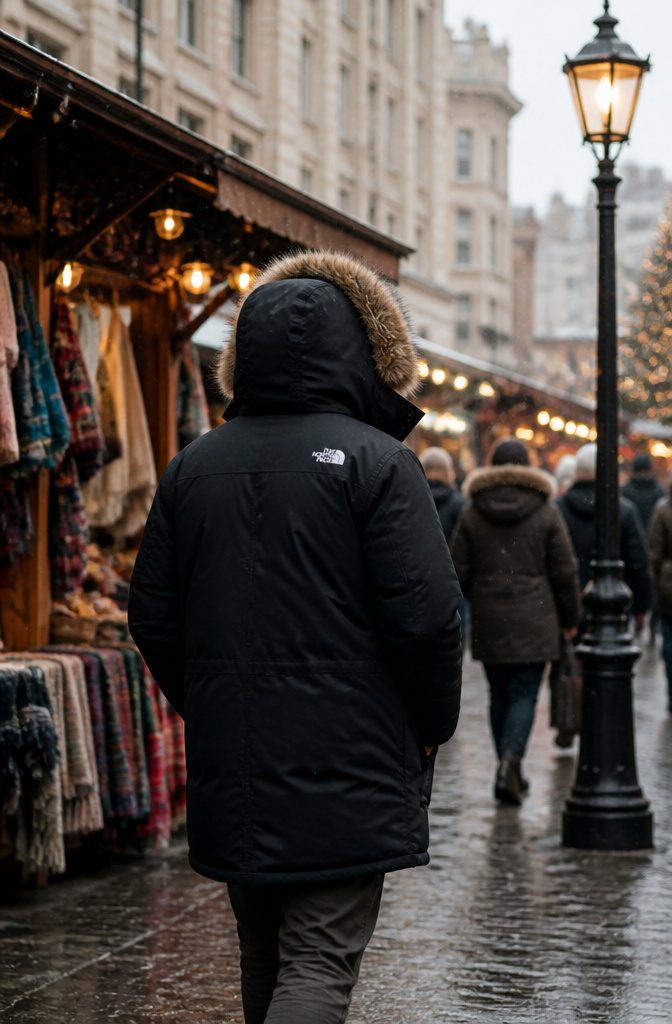 Warmest Winter Coats of 2026: 9 Styles for Extreme Cold 9 A model in the North Face Arctic Parka strolling through a marketplace.