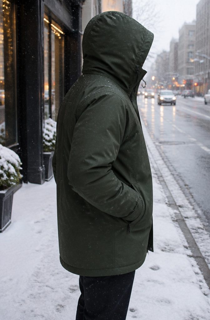 Warmest Winter Coats of 2026: 9 Styles for Extreme Cold 12 A model wearing the REI Stormhenge coat in a snowy city backdrop.
