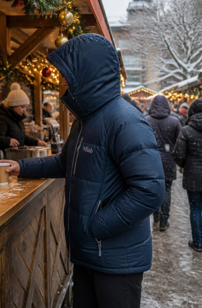 Warmest Winter Coats of 2026: 9 Styles for Extreme Cold 14 A model in the Rab Neutrino Pro reaching for a drink in a market.