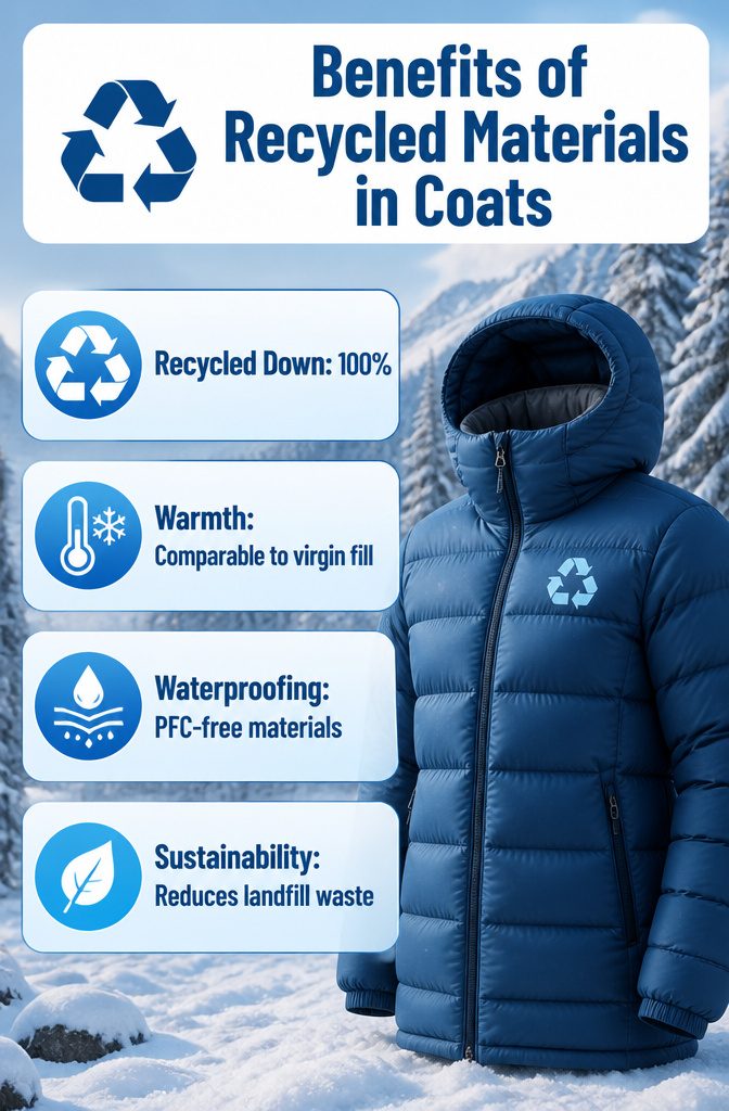Warmest Winter Coats of 2026: 9 Styles for Extreme Cold 16 An informative graphic about recycled materials in winter coats.