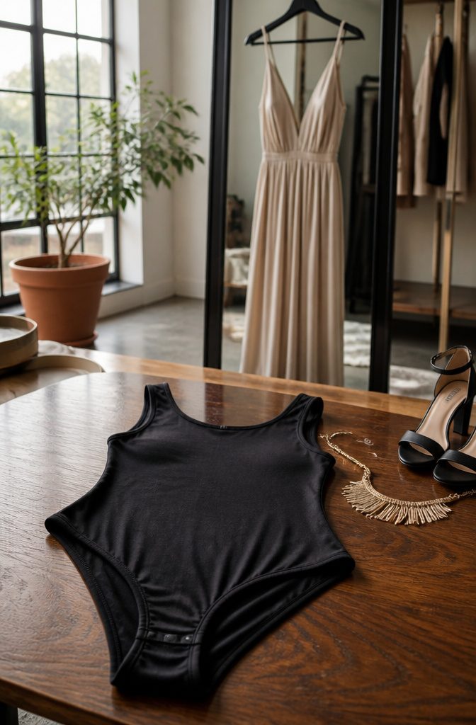 What Women Wear Under Dresses: 8 Types, From Underwear to Slips 7 A bodysuit displayed on a neutral background.