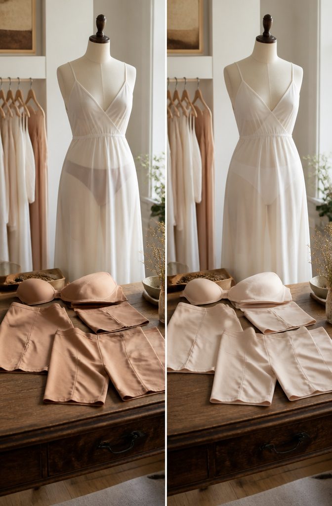 What Women Wear Under Dresses: 8 Types, From Underwear to Slips 10 A collection of nude underwear in various shades.