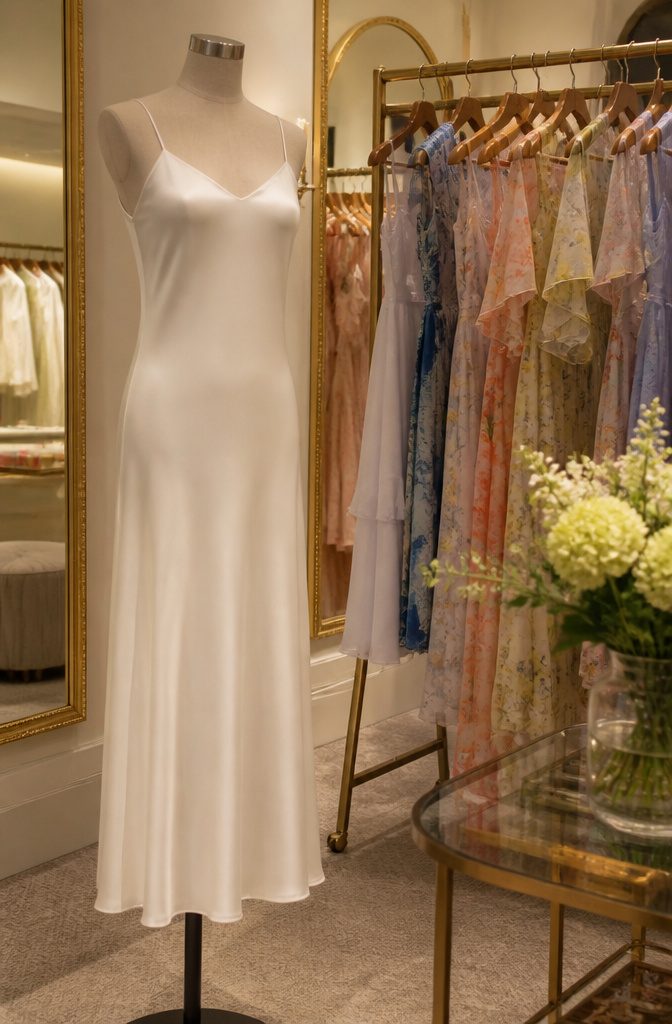 What Women Wear Under Dresses: 8 Types, From Underwear to Slips 6 An ivory full slip on a mannequin in an upscale boutique.