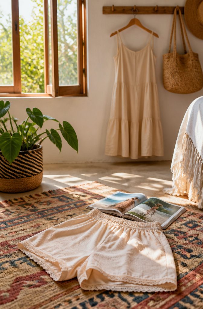 What Women Wear Under Dresses: 8 Types, From Underwear to Slips 4 Pastel slip shorts placed on a colorful boho-style rug.