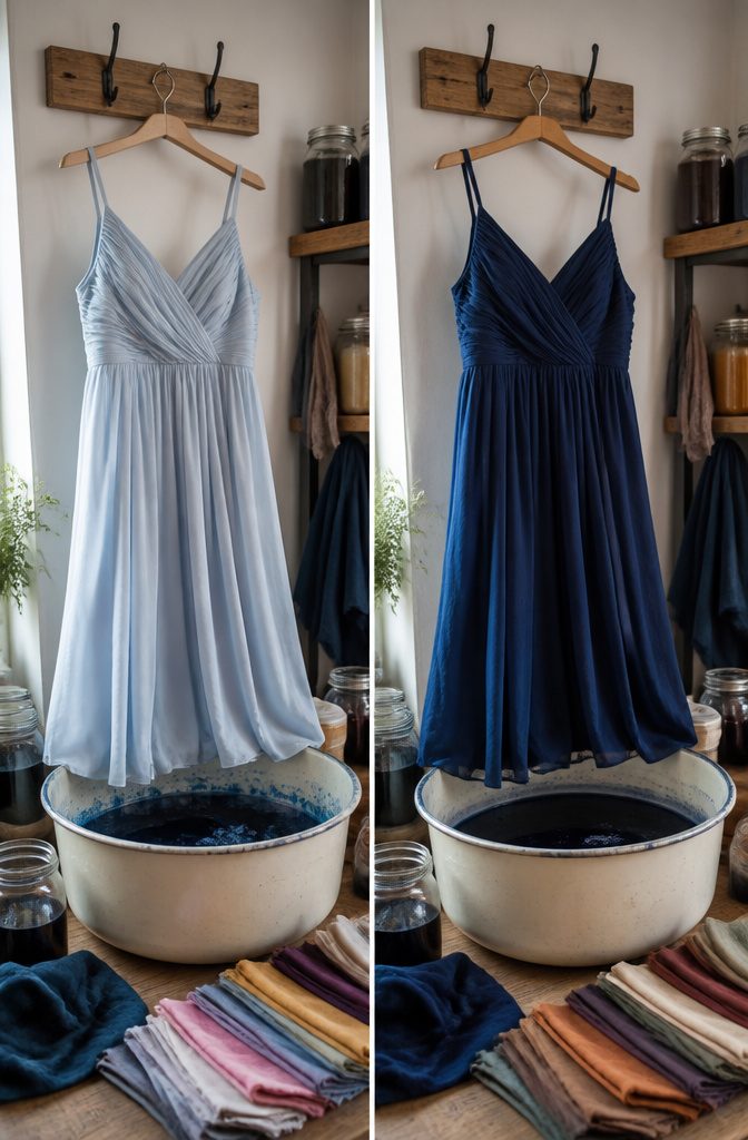 What to Do With Old Bridesmaid Dresses: 11 Practical Ideas for 2026 9 A bridesmaid dress and dyeing supplies arranged for a color change.