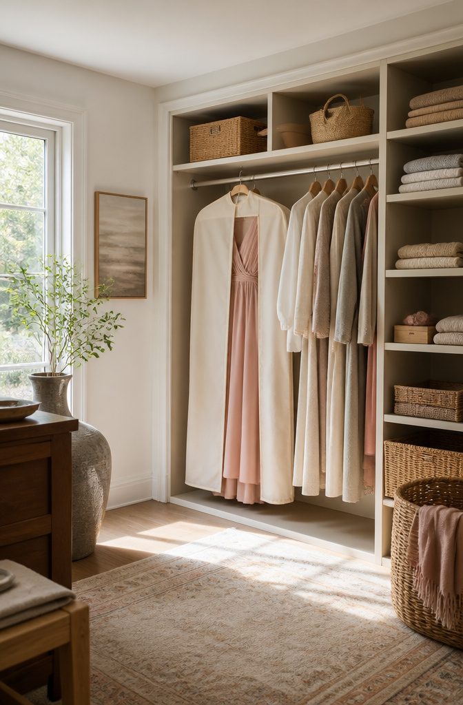 What to Do With Old Bridesmaid Dresses: 11 Practical Ideas for 2026 12 A bridesmaid dress stored in a garment bag in a closet.