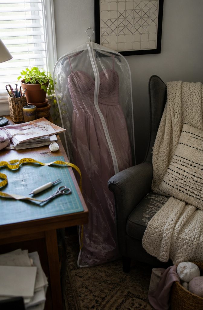 What to Do With Old Bridesmaid Dresses: 11 Practical Ideas for 2026 15 A wrinkled bridesmaid dress stored in a garment bag in a home office.