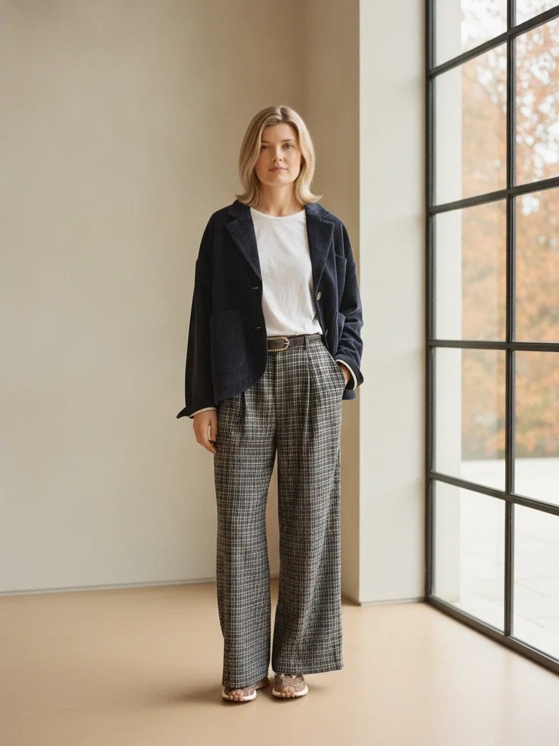 What to Wear on Broadway: 12 Ideas From Blazers to Skirts 11 Woman wearing a navy blazer, white t-shirt, and wide-leg plaid trousers indoors.