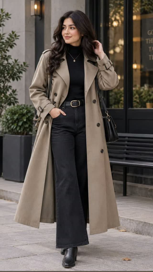 What to Wear on Broadway: 12 Ideas From Blazers to Skirts 8 Woman wearing a beige trench coat, black turtleneck, and dark wide-leg jeans.