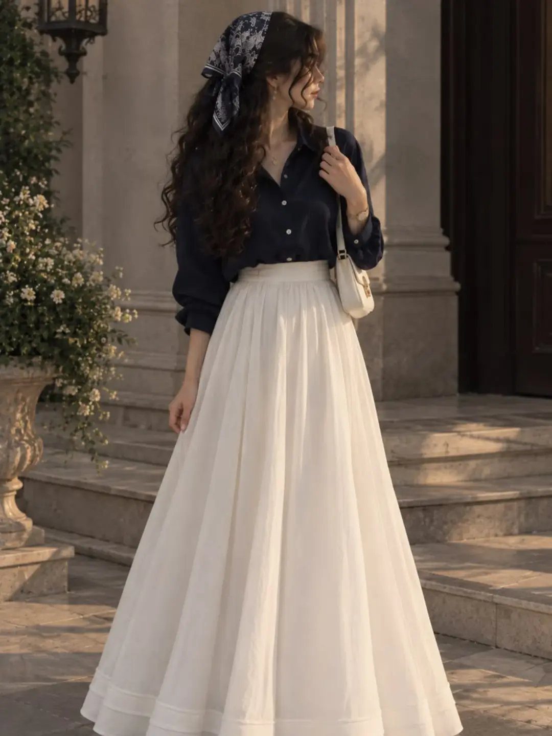 What to Wear on Broadway: 12 Ideas From Blazers to Skirts 4 Woman wearing a navy blue blouse and a long white flowing skirt outdoors.