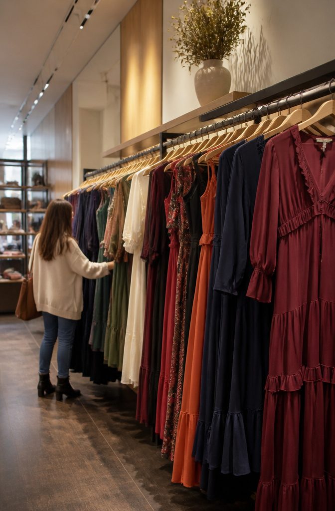 When Do Fall Dresses Come Out: A Guide to 2026 Fashion Timing 6 Racks of discounted fall dresses in a stylish boutique.