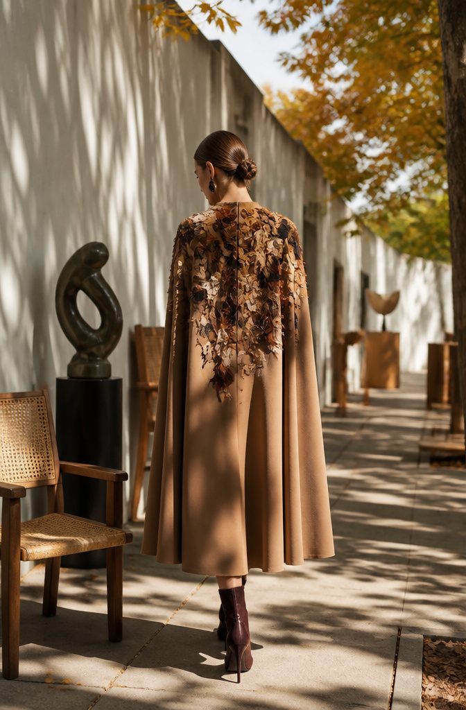 When Do Fall Dresses Come Out: A Guide to 2026 Fashion Timing 8 A model in a cape dress with floral details poses in the city.