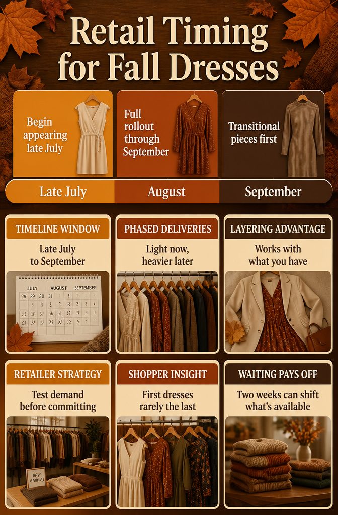 When Do Fall Dresses Come Out: A Guide to 2026 Fashion Timing 10 An infographic showing retail timing for fall dresses.