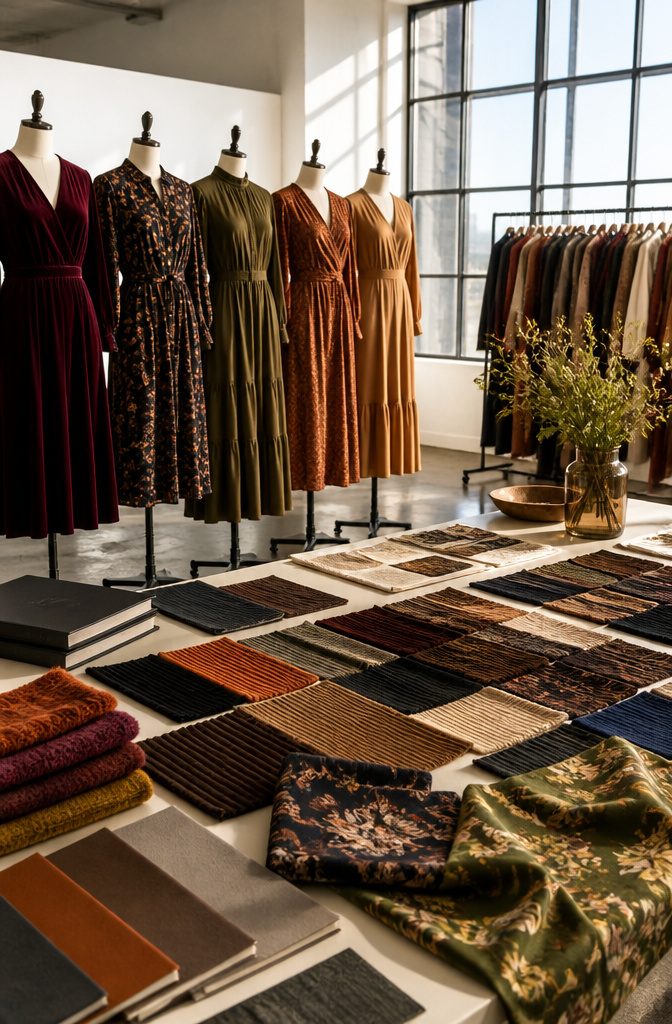 When Do Fall Dresses Come Out: A Guide to 2026 Fashion Timing 3 Fall dresses draped on mannequins with fabric swatches in a showroom.