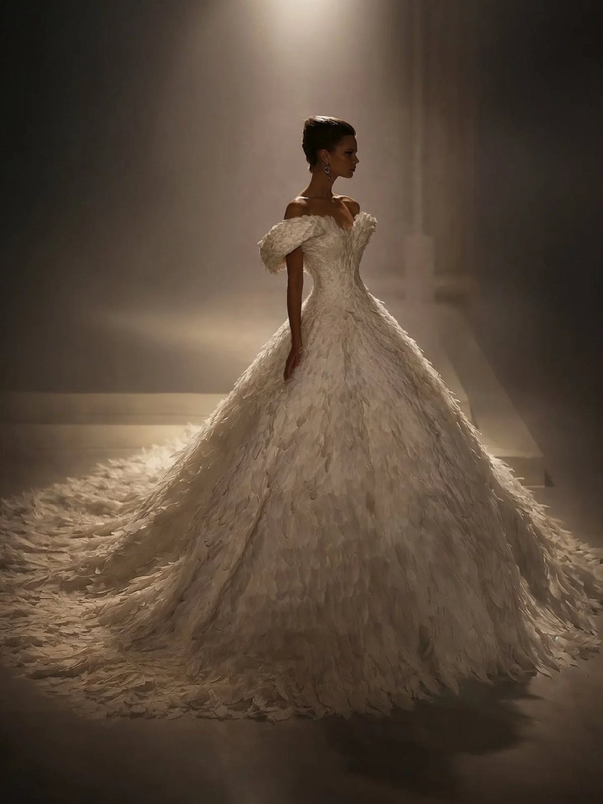 14 White Feather Gown Ideas, From Bridal Capes to Tea-Length 11 Woman in a voluminous white feather gown with a long train in a spotlight