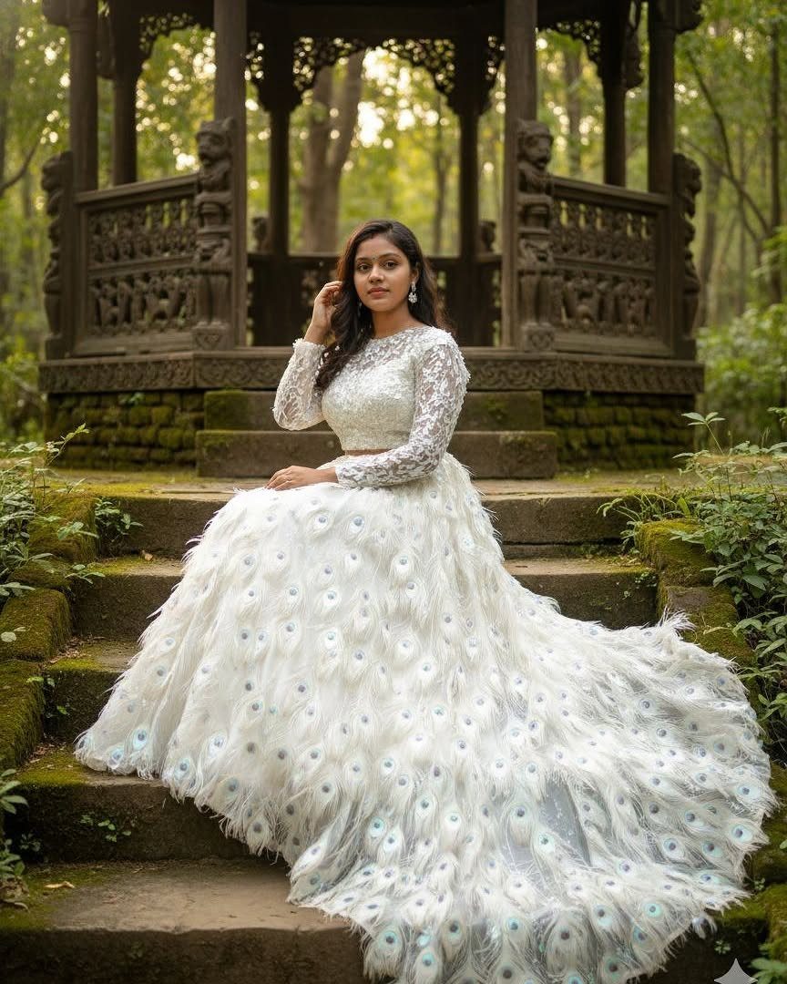14 White Feather Gown Ideas, From Bridal Capes to Tea-Length 6 Woman in a white lace and peacock feather gown sitting on stone steps.