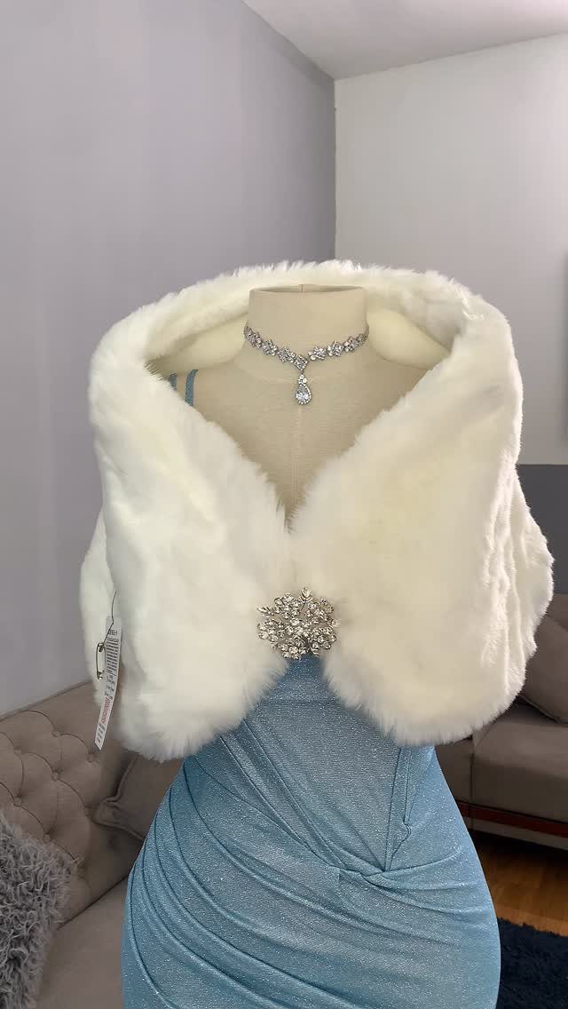 Light blue shimmering dress with a white faux fur stole and silver jewelry.