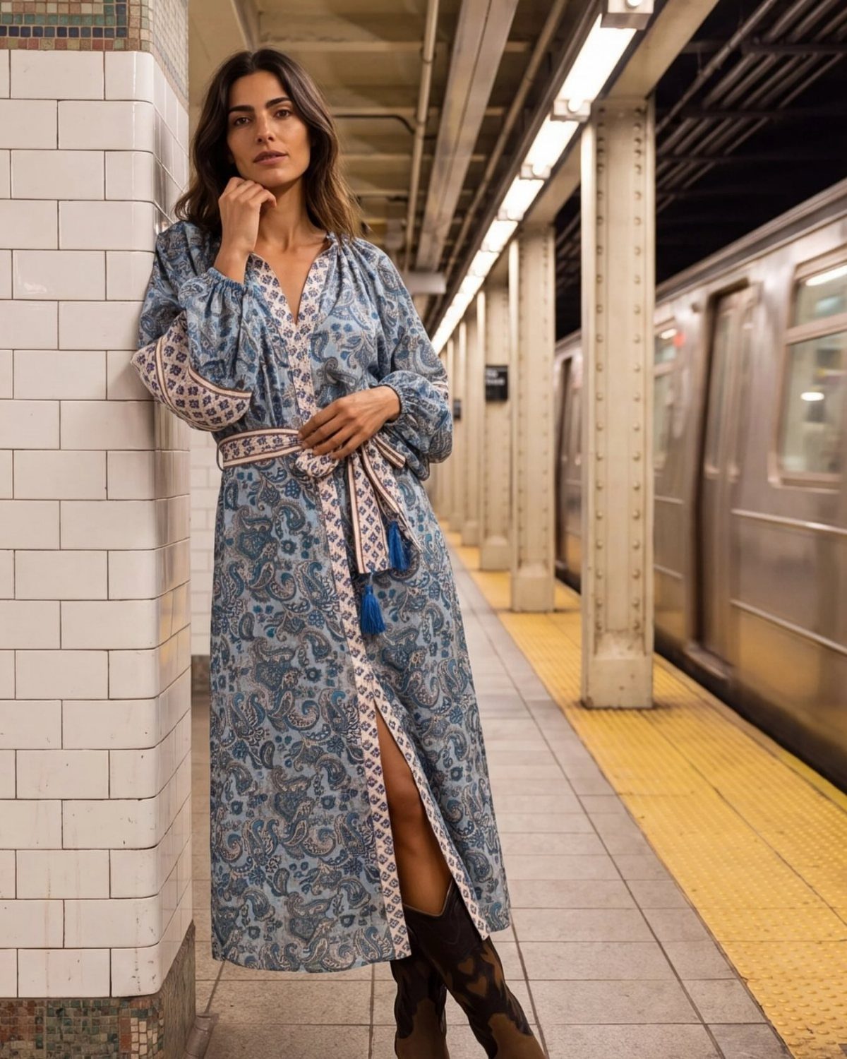 Woman in a blue paisley print maxi dress standing in a subway station.