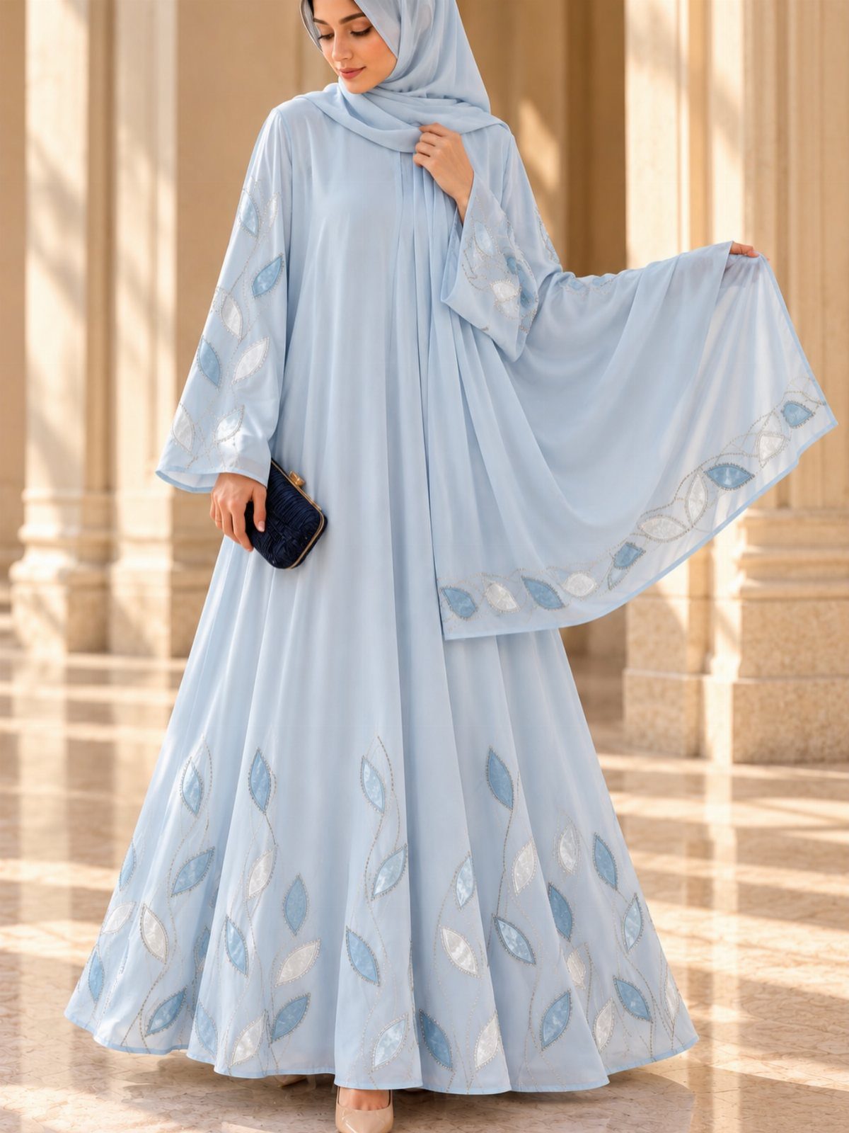 Woman in a light blue embroidered maxi dress and hijab standing in a hallway.