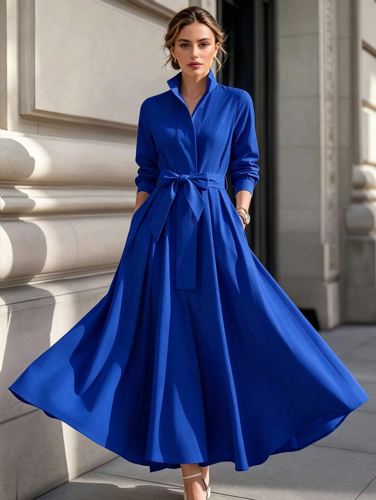 Woman in a vivid royal blue long-sleeved dress with a flared skirt and belted waist.