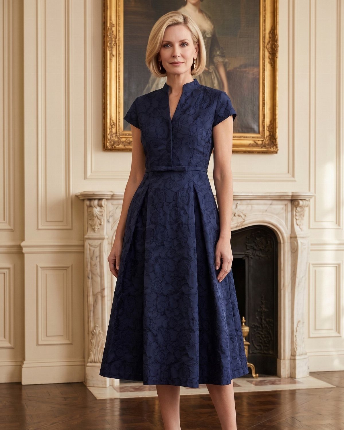Woman wearing a navy blue textured A-line dress standing before a fireplace.