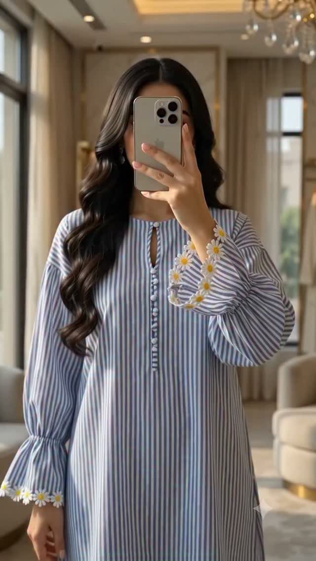 Woman in a blue and white striped long sleeve dress with daisy embroidery.