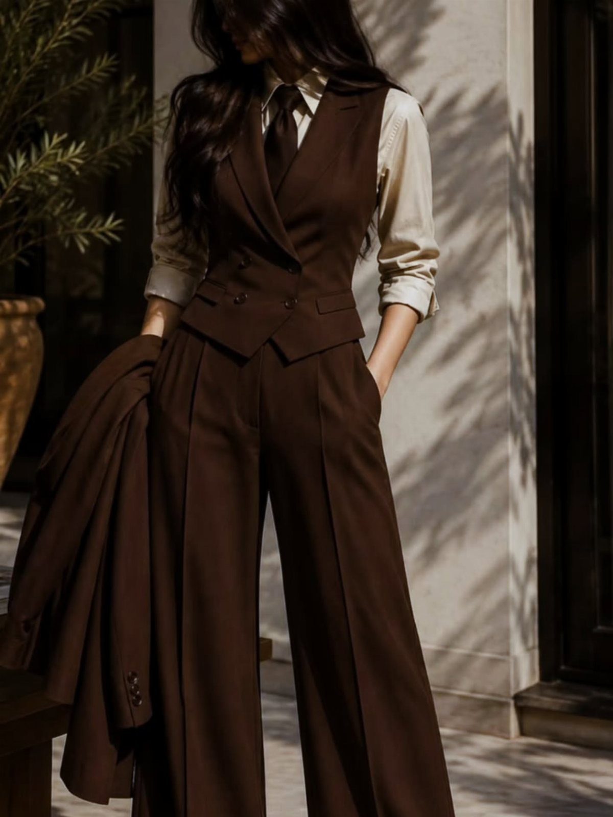 Women Outfit Work Office: 17 Ideas to Refresh Your Look 17 Woman in a brown three-piece suit with wide-legged trousers and a cream shirt.