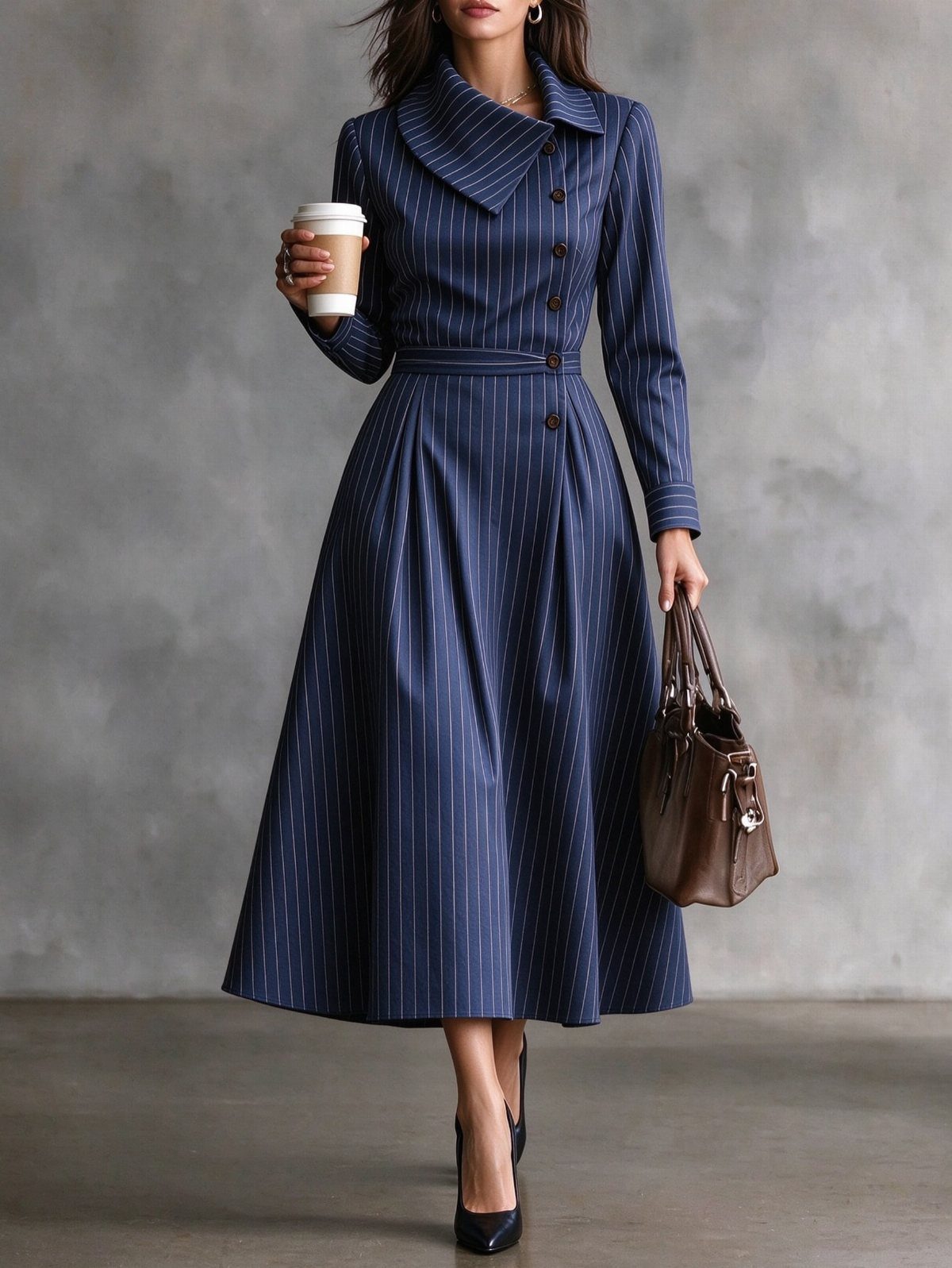 Women Outfit Work Office: 17 Ideas to Refresh Your Look 11 Woman in navy pinstriped professional dress holding coffee and a brown leather handbag.