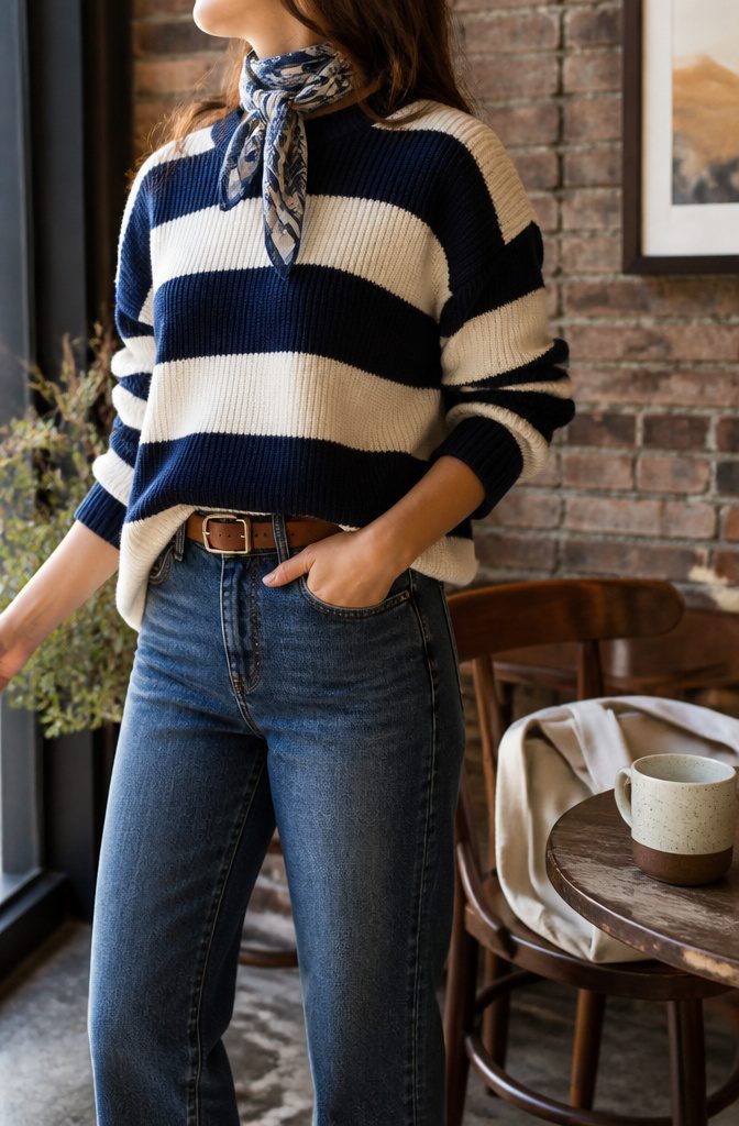 Thick striped shirt featured in a stylish outfit.