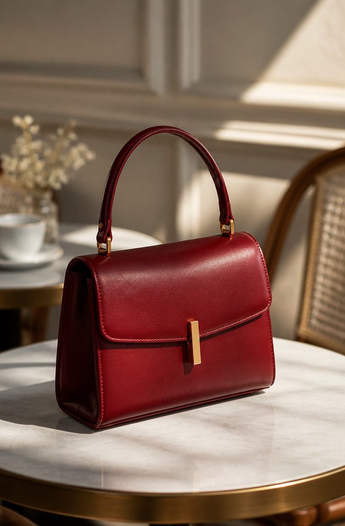 Cherry red accessories paired with neutral clothing.