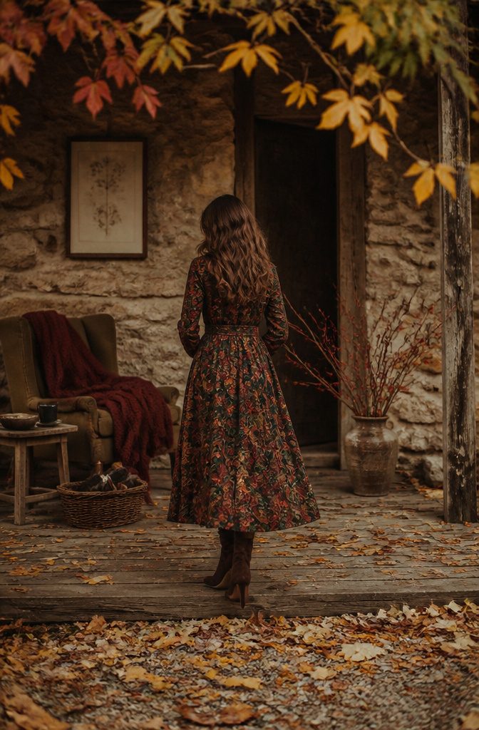 Floral print dress in deep burgundy and green tones.