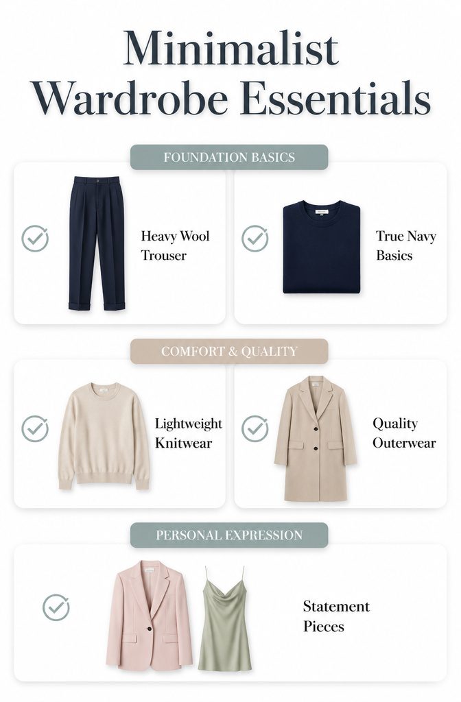 Capsule wardrobe essentials laid out for review.