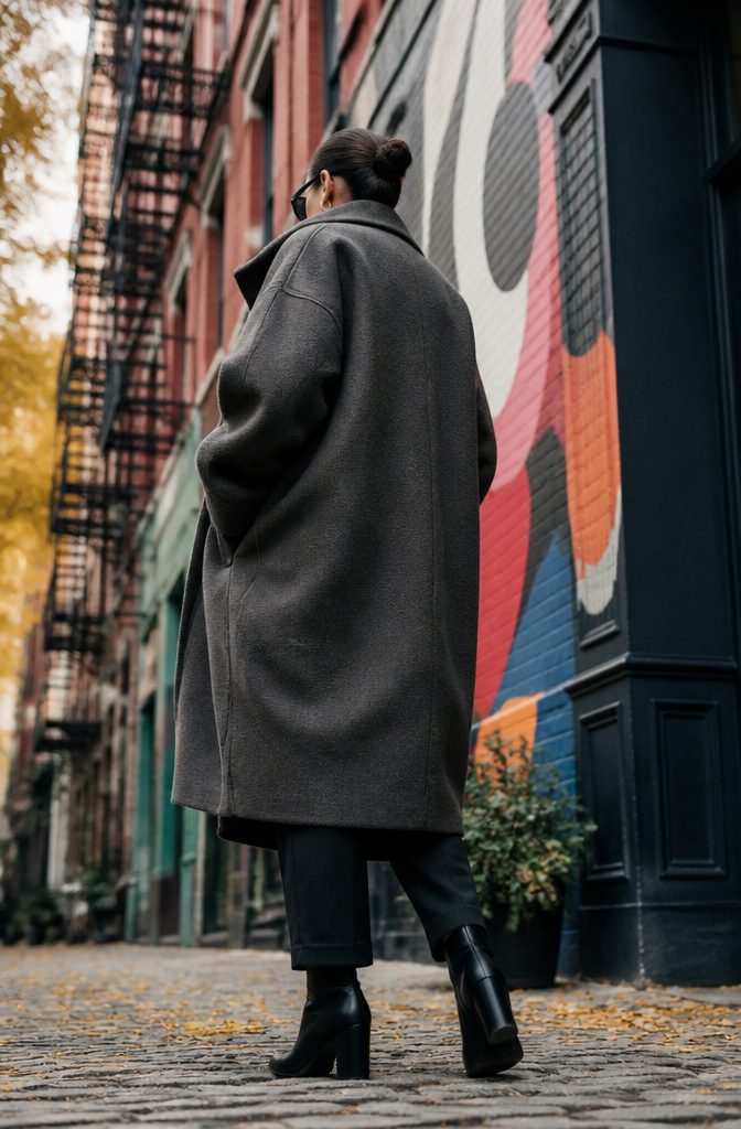 Model wearing an oversized coat over fitted trousers.