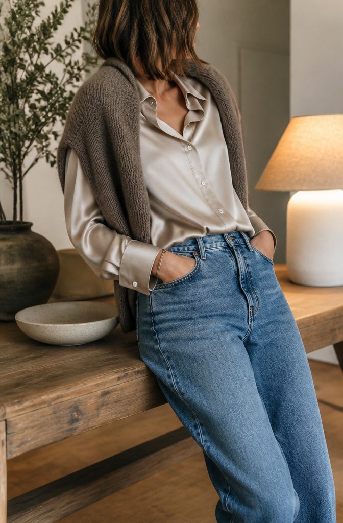 Model wearing a silk button-down and relaxed denim.