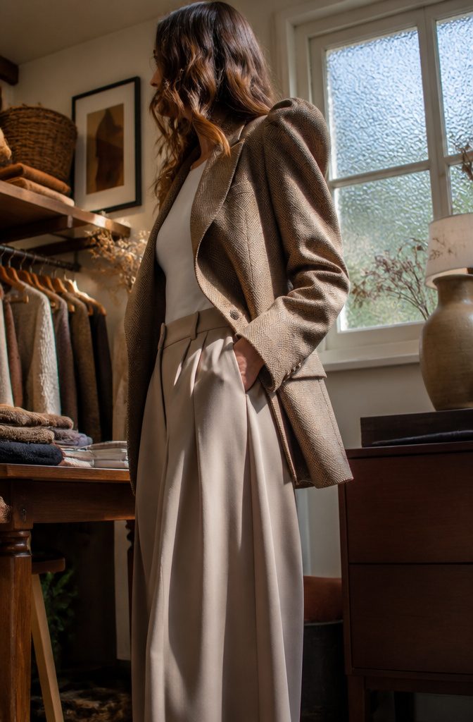 Model wearing a tailored jacket with defined shoulders.