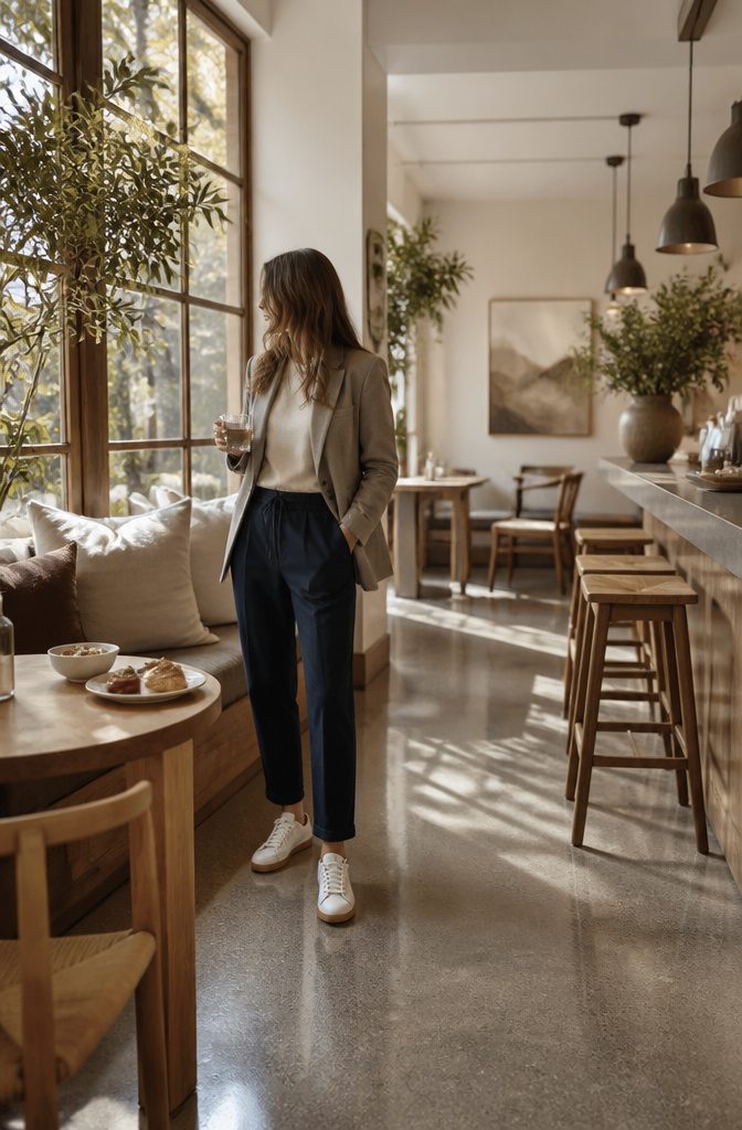 Track pants styled with a tucked-in knit and blazer.