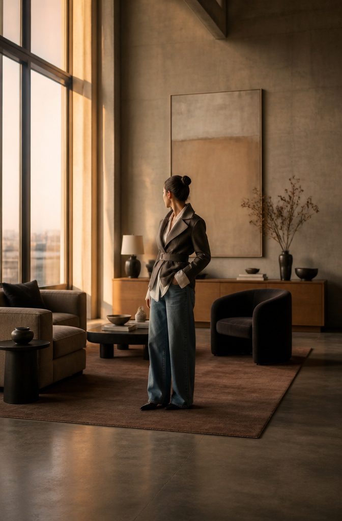 Sculpted jacket paired with jeans and a silk-inspired top.