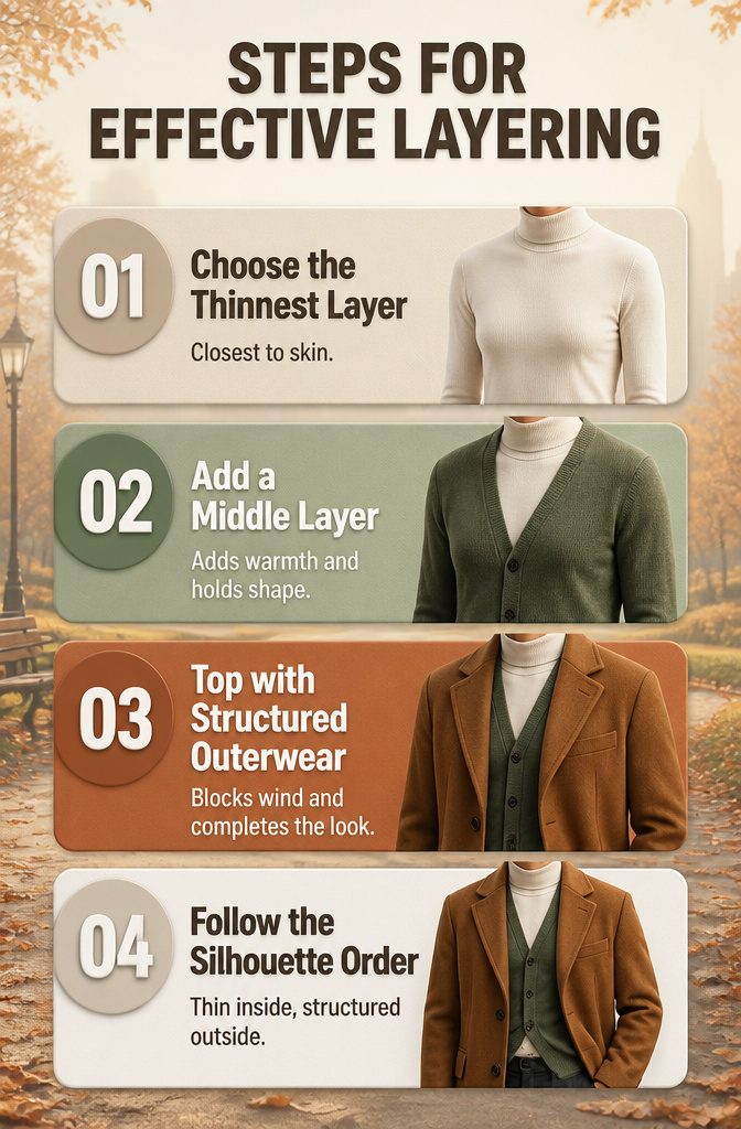 Illustration showing steps for effective layering in fashion.